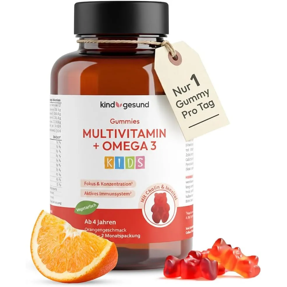 Kindgesund Multivitamin Kinder Gummibärchen - 15 Vitamine & Nährstoffe mit Omega 3 (DHA aus Algenöl) - 1 Gummy/Tag - fü…