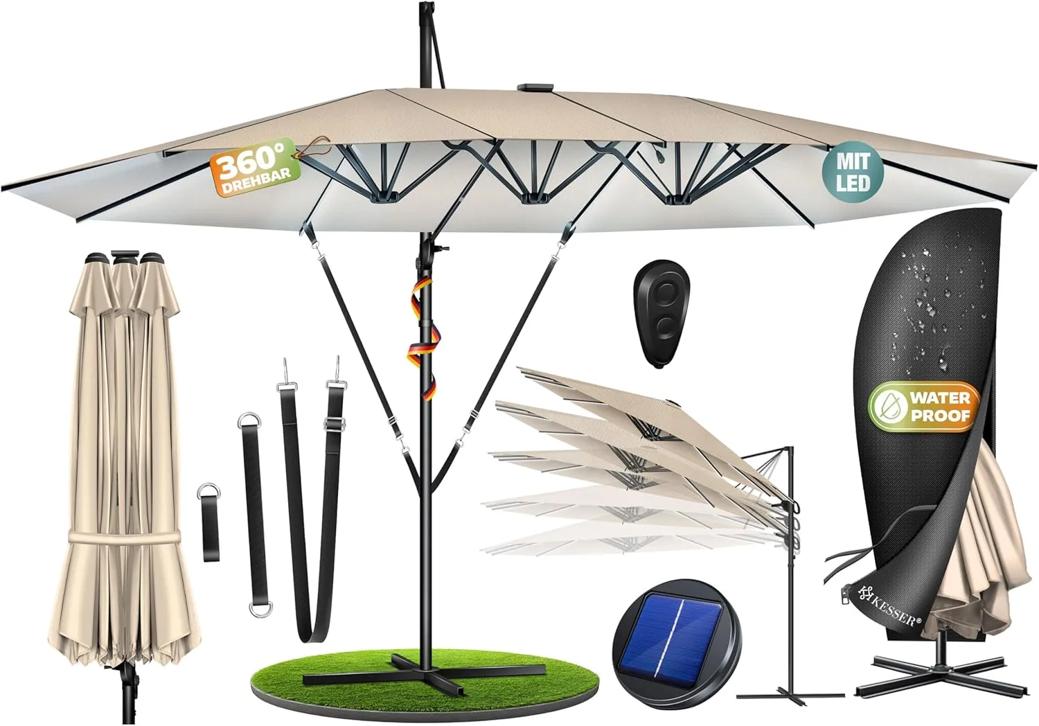 KESSER® Sonnenschirm Doppelsonnenschirm 4,6m x 2,7m | Ampelschirm Abdeckung & Windsicherung mit Kurbel & Ständer | Kurb…