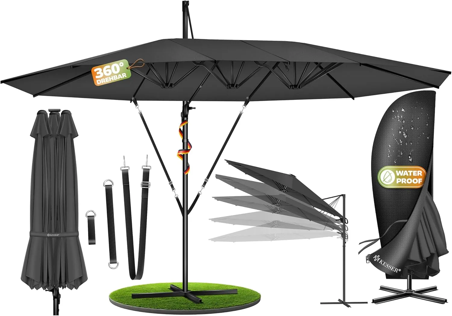 KESSER® Sonnenschirm Doppelsonnenschirm 4,6m x 2,7m | Ampelschirm Abdeckung & Windsicherung mit Kurbel & Ständer | Kurb…