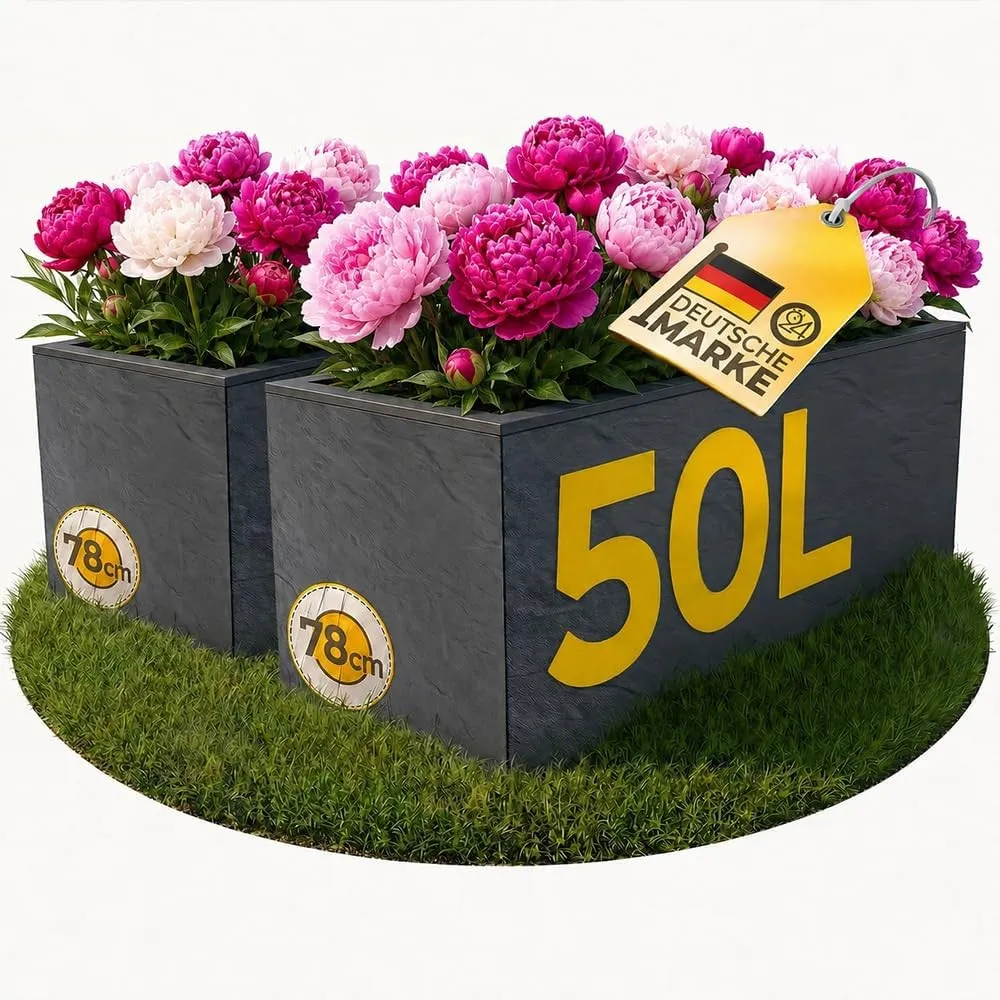 Ondis24 2X Pflanzkübel Vulkano, je 50L Pflanzvolumen, rechteckig, Blumenkasten mit Wasserspeicher, Balkon Terrasse, Blu…