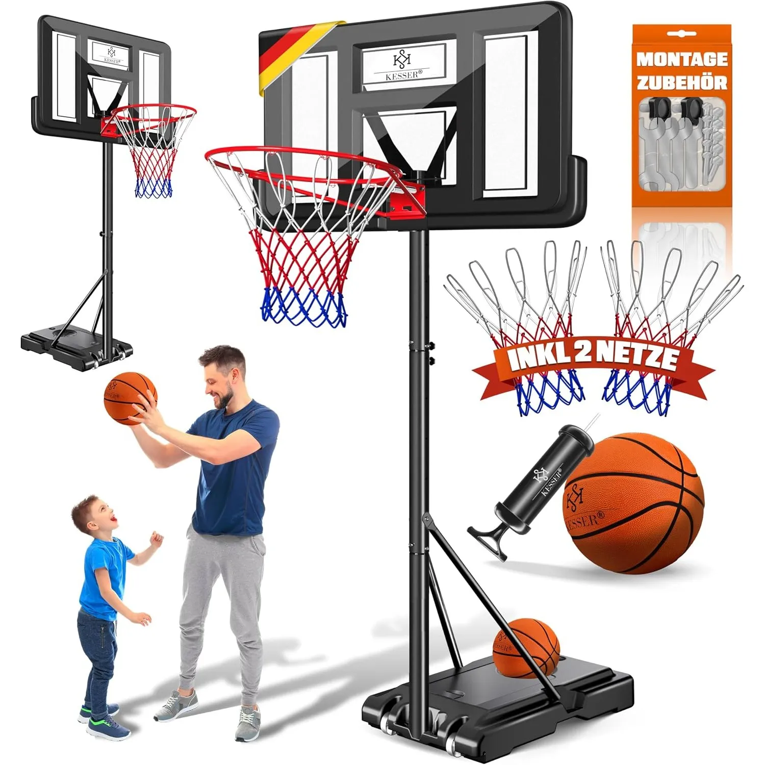 KESSER® Basketballkorb Set höhenverstellbar Mobiler Basketballständer mit Rollen, Backboard, Basketball, Pumpe & 2 Netz…