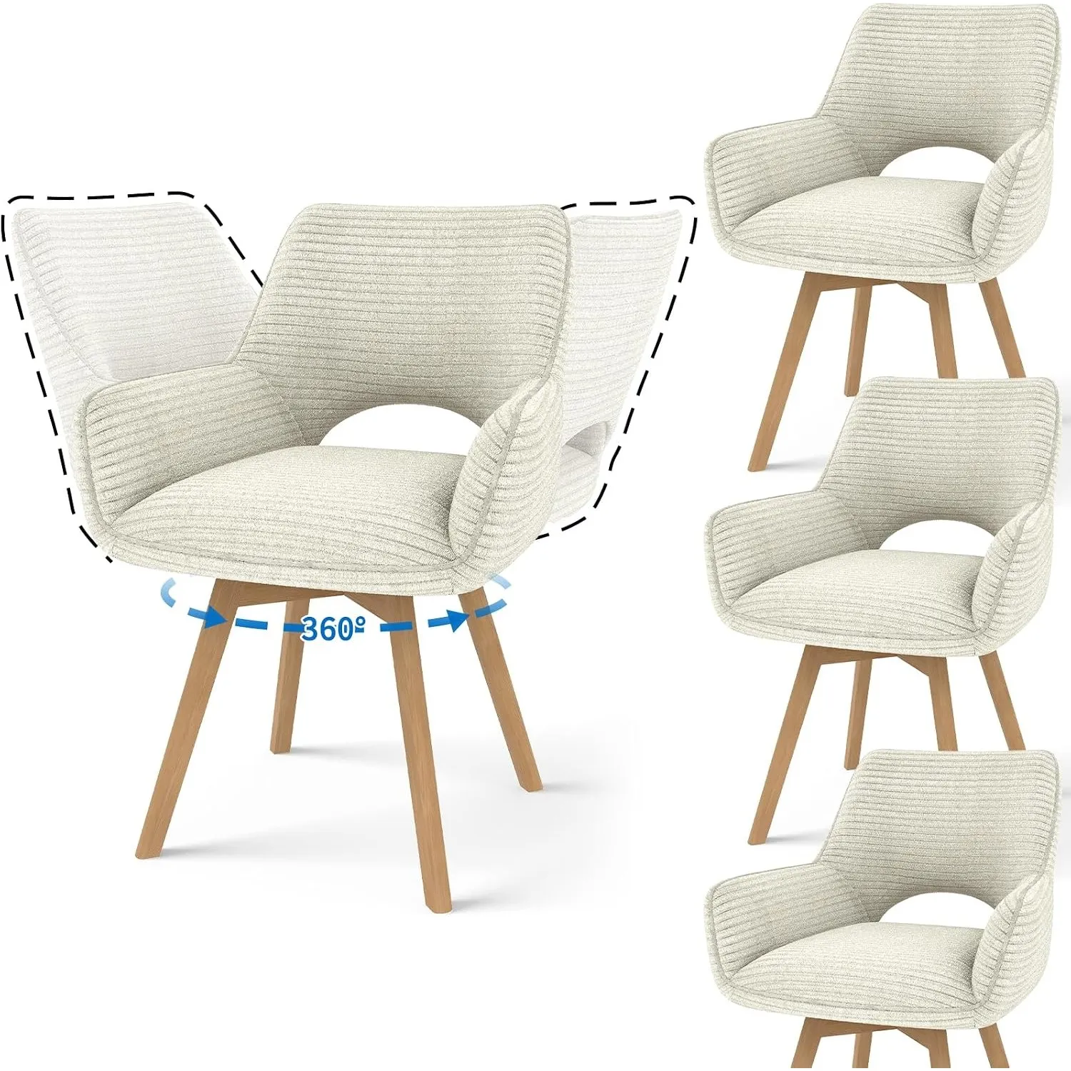 JIJIAN 4er Set 360° Drehbare Esszimmerstühle mit Armlehnen, Beige