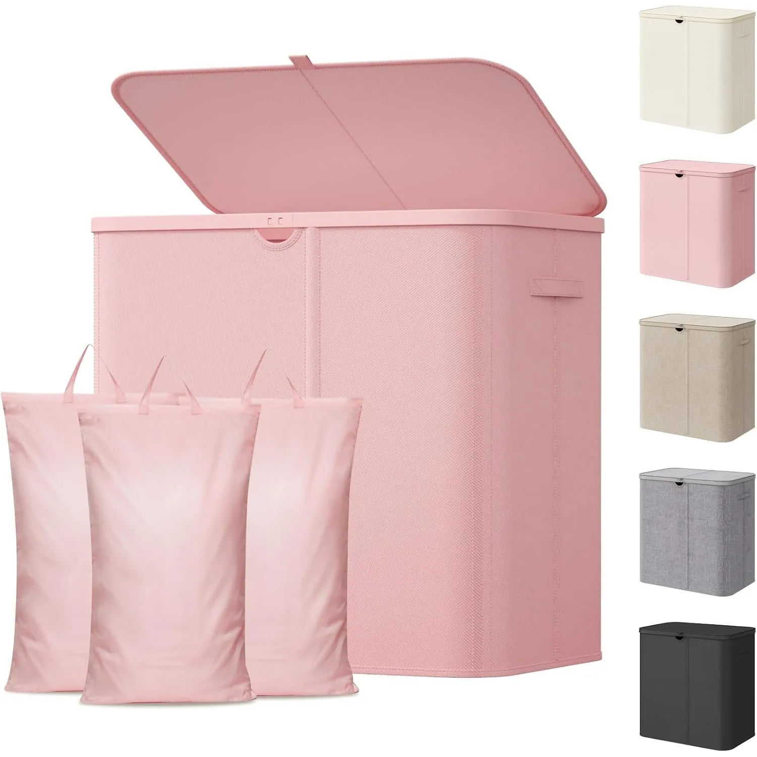 Lifewit 150L Wäschekorb mit Deckel und 3 Fächern, Rosa