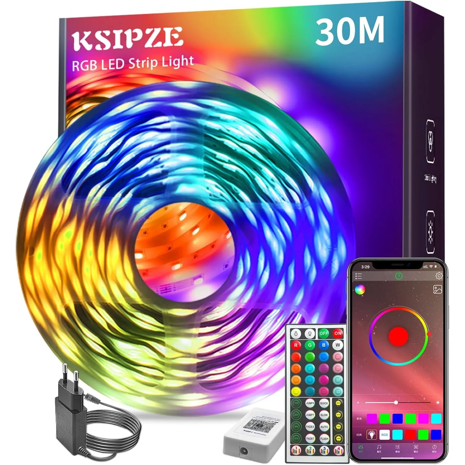 KSIPZE Led Streifen 30m, RGB LED Strip mit Fernbedienung Bluetooth App, Dimmbar Farbwechsel led Lichterkette Lichtband …