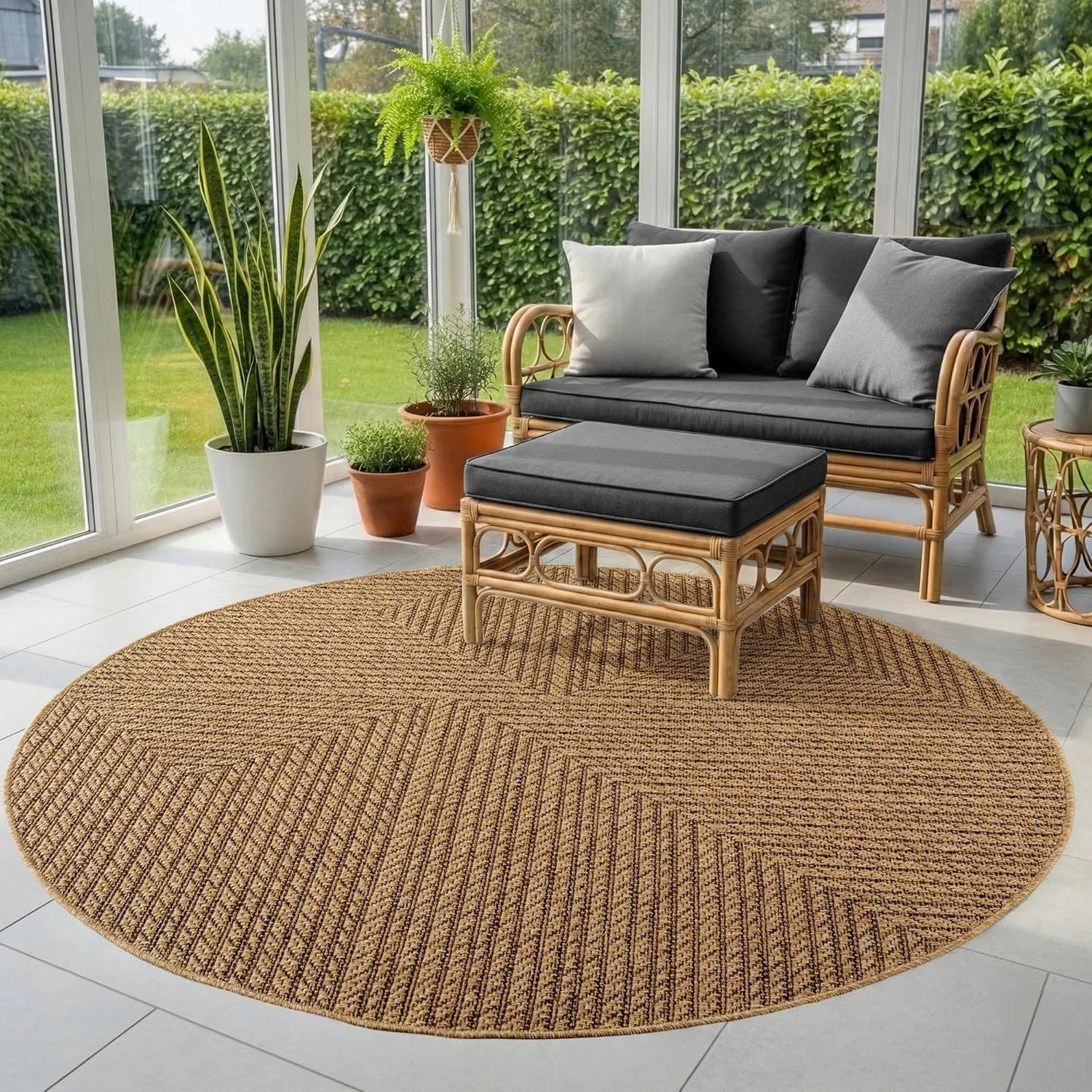 SIMPEX Outdoor Teppich Rund 160 cm Beige, Wetterfest Pflegeleicht, Natürlicher Jute Look Teppich für Terrasse Garten Wo…