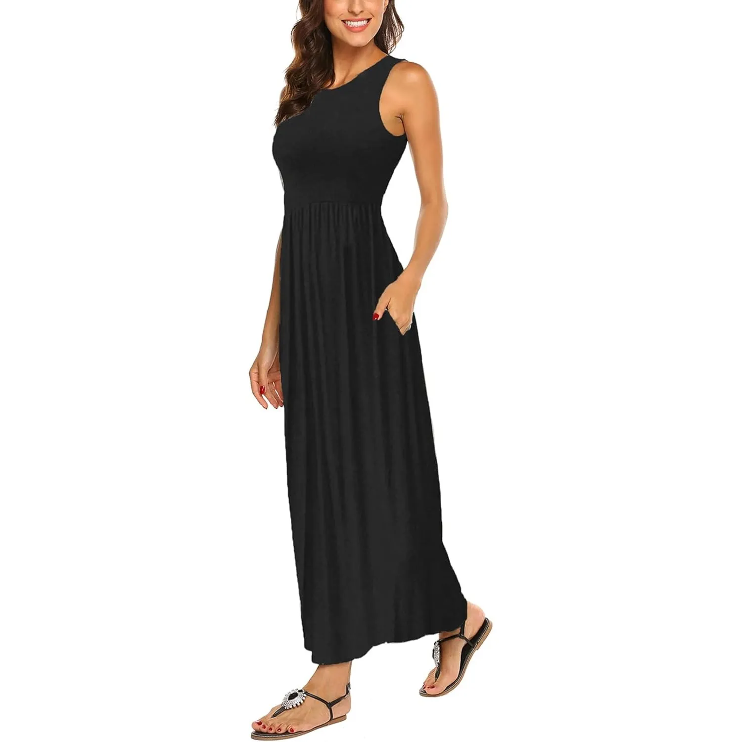 BDTECAOR Maxikleid Damen Sommer Boho Ärmellos Strandkleider Lässige Lange Tank Kleid mit Taschen