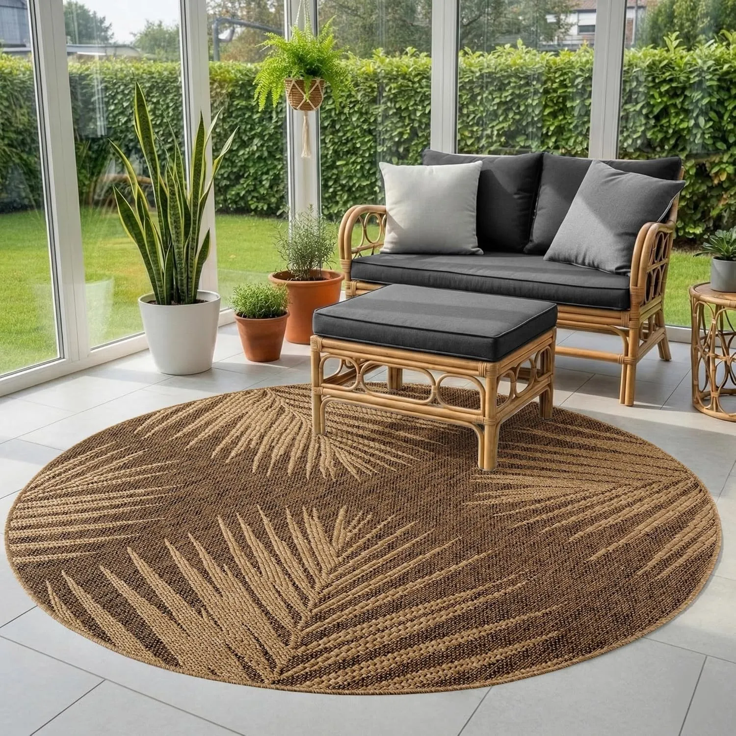 SIMPEX Outdoor Teppich Rund 200 cm Wetterfest Pflegeleicht Jute Natur Optik Palmen Design für Garten Terrasse Wohnzimme…