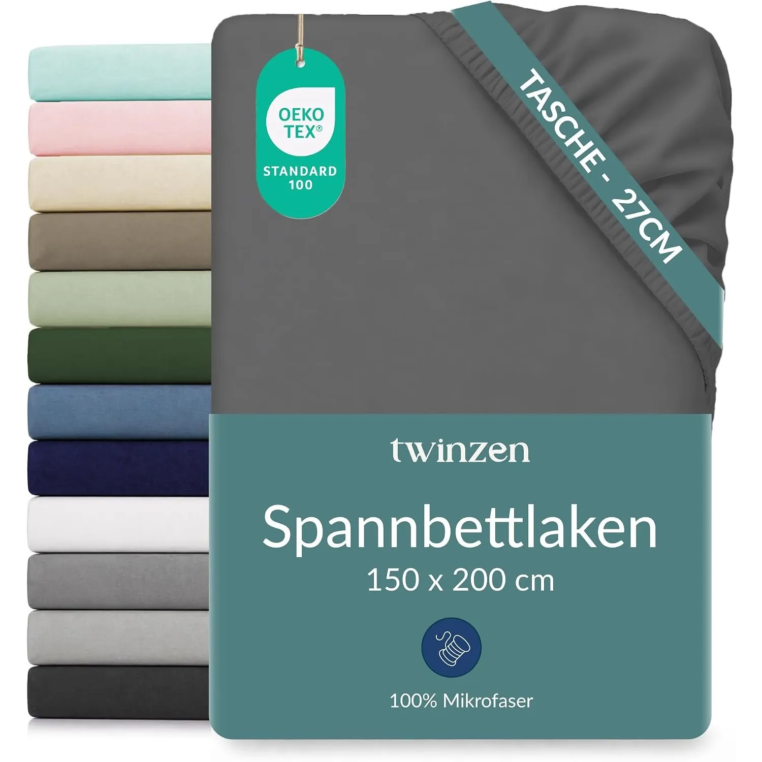 Twinzen Spannbettlaken Mikrofaser 150x200 Dunkelgrau Steghöhe 25 cm | Weich & hautfreundlich · Atmungsaktiv · Pflegelei…
