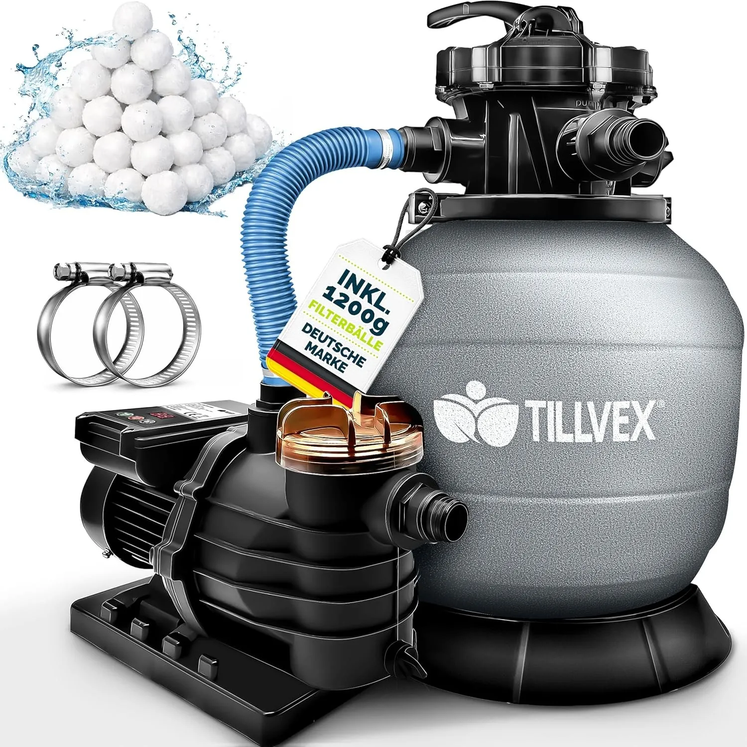tillvex® Sandfilteranlage Pool mit Timer 13.200L/h + 1200g Filterbälle | Filteranlage bis 40.000L inkl. 7-Wege Ventil &…