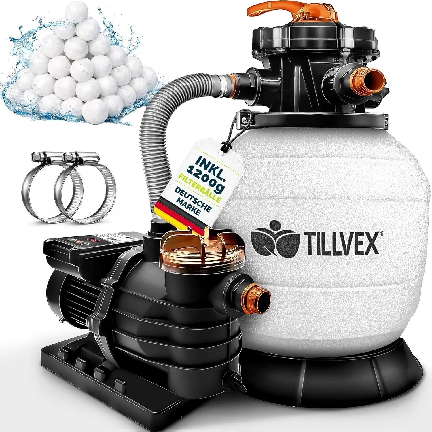 tillvex® Sandfilteranlage Pool mit Timer 13.200L/h + 1200g Filterbälle