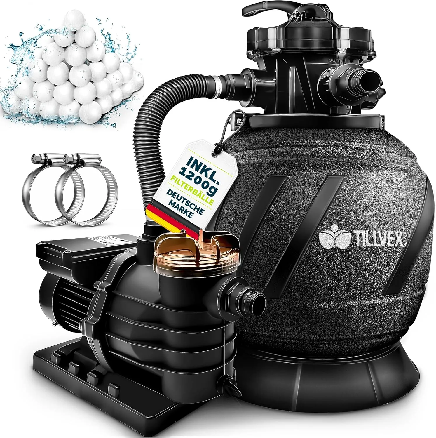 tillvex® Sandfilteranlage Pool 13.200L/h bis 40.000L + 1200g Filterbälle | Filteranlage 7-Wege Ventil & 2in1 Adapter Ø3…