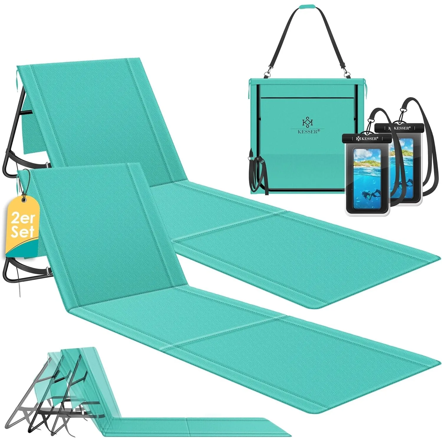 KESSER® 2er Set Strandmatte klappbar mit Verstellbarer Rückenlehne, Tragegurt, wasserdichter Tasche & Aufbewahrung – Fa…
