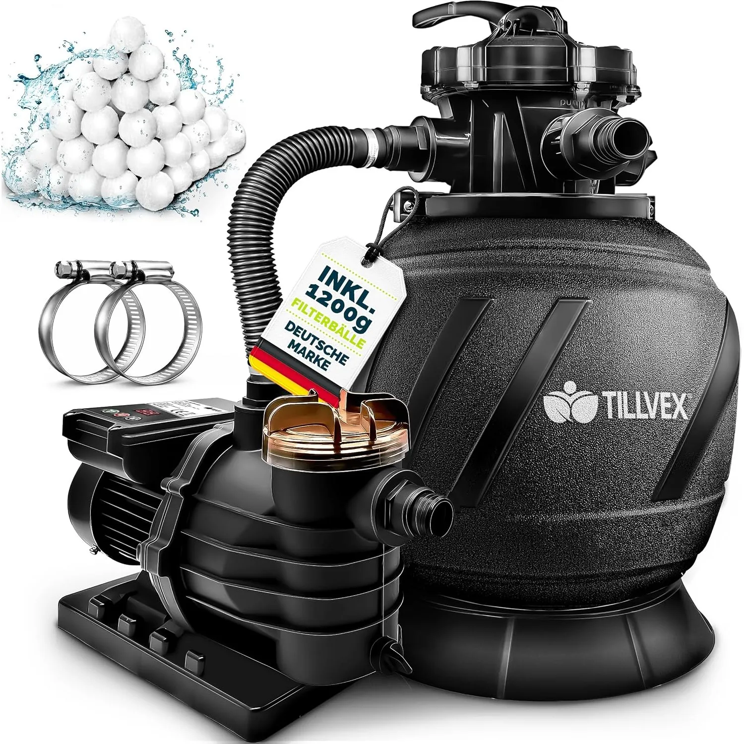 tillvex® Sandfilteranlage Pool mit Timer 13.200L/h + 1200g Filterbälle | Filteranlage bis 40.000L inkl. 7-Wege Ventil &…