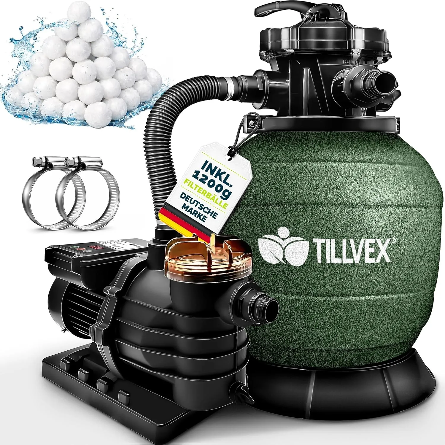tillvex® Sandfilteranlage Pool mit Timer 13.200L/h + 1200g Filterbälle | Filteranlage bis 40.000L inkl. 7-Wege Ventil &…