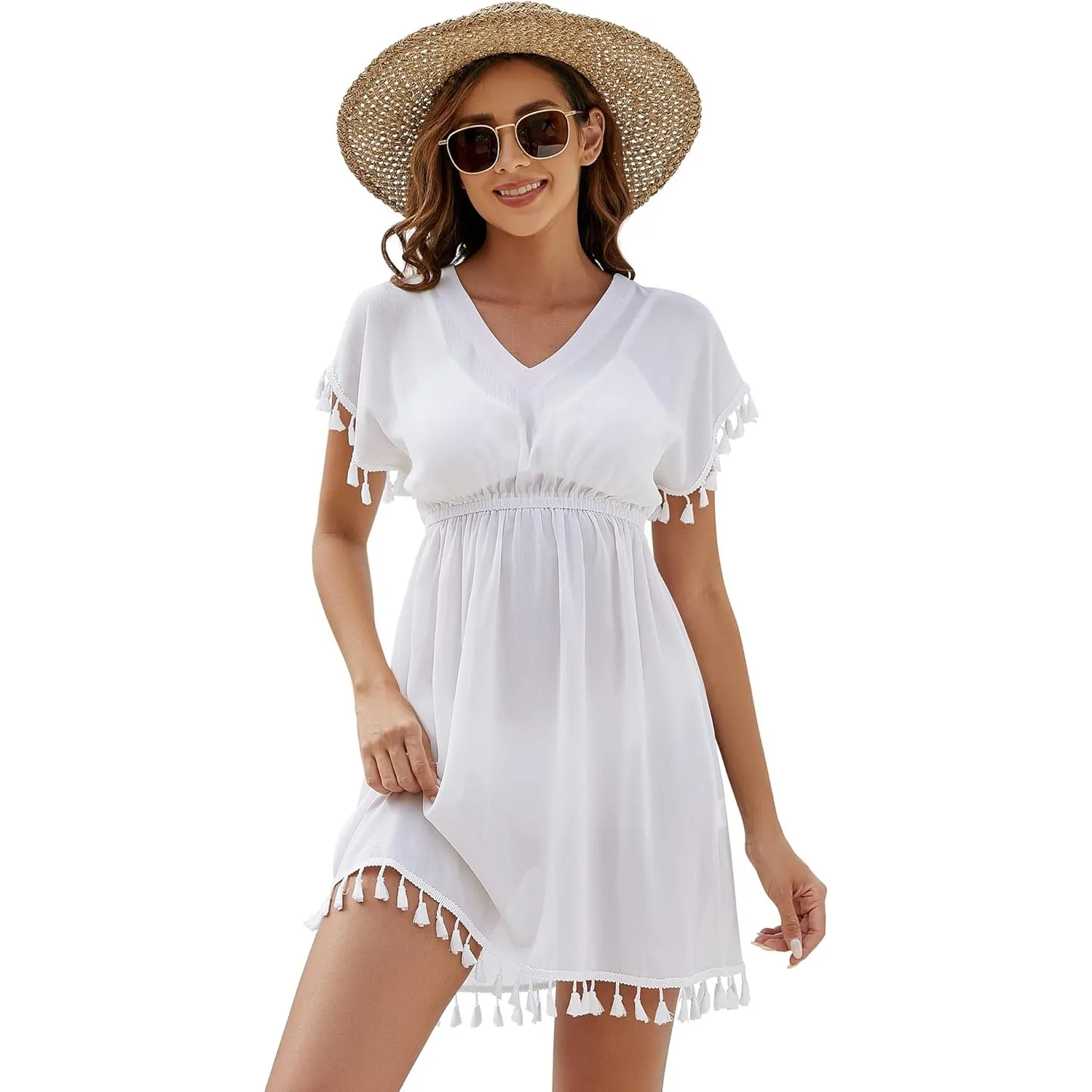 StylSense Strandkleid Damen Sommer Bikini Cover Up Badeanzug Sommerkleider Leicht Strandponcho mit V-Ausschnitt