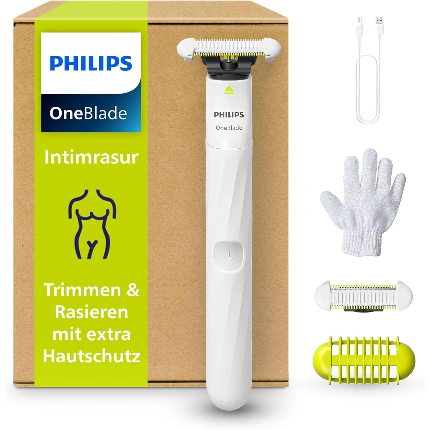 Philips OneBlade Intimate, Intimrasur, Trimmen & Rasieren mit extra Hautschutz, Für eine gründliche und angenehme Rasur…