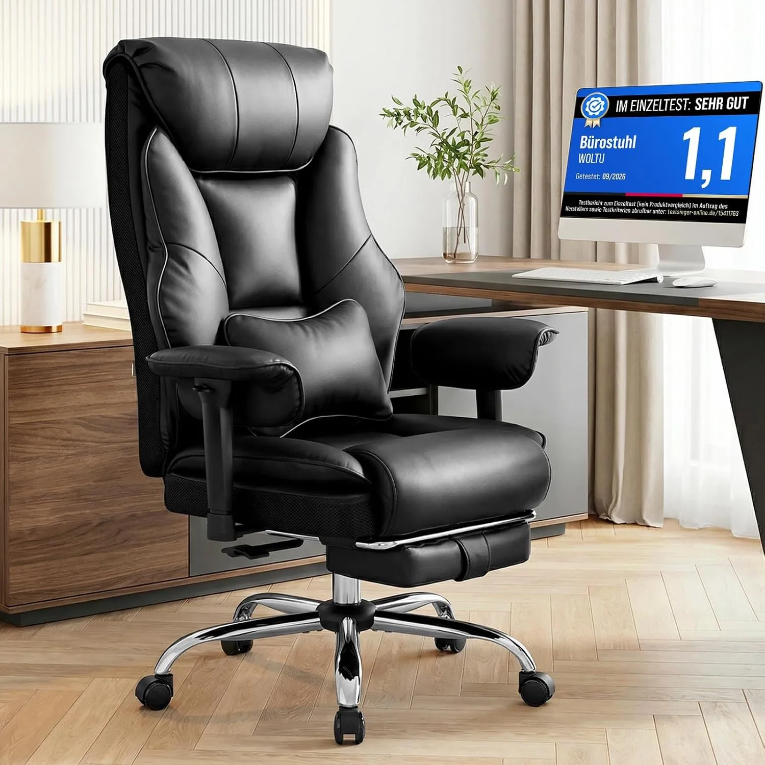WOLTU Bürostuhl Ergonomisch,Chefsessel Doppellagige Rückenlehne, PU Schwarz