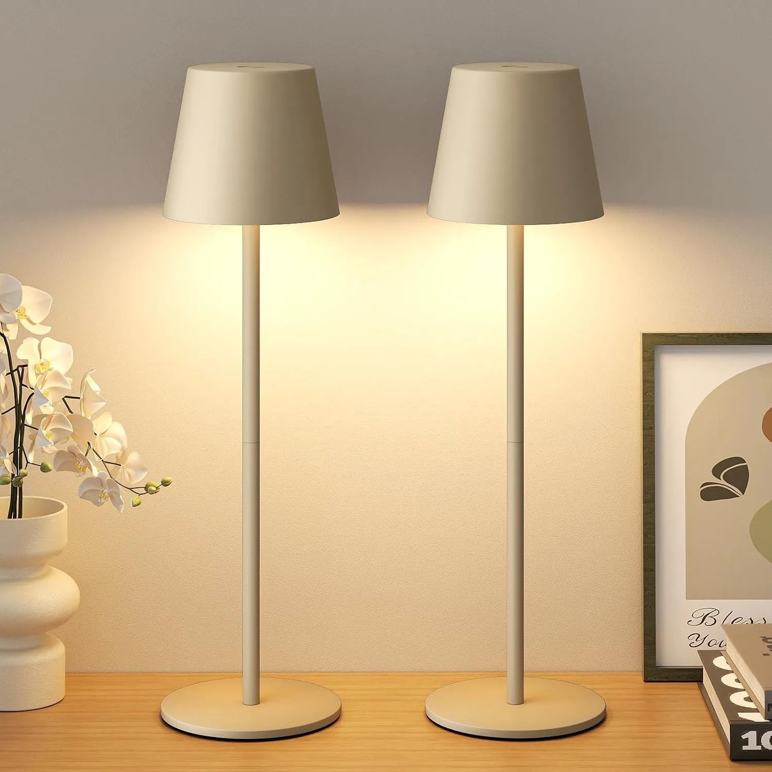 Tischlampe Kabellos 2 Stück, Beige, LED Akku Lampe für Outdoor Indoor