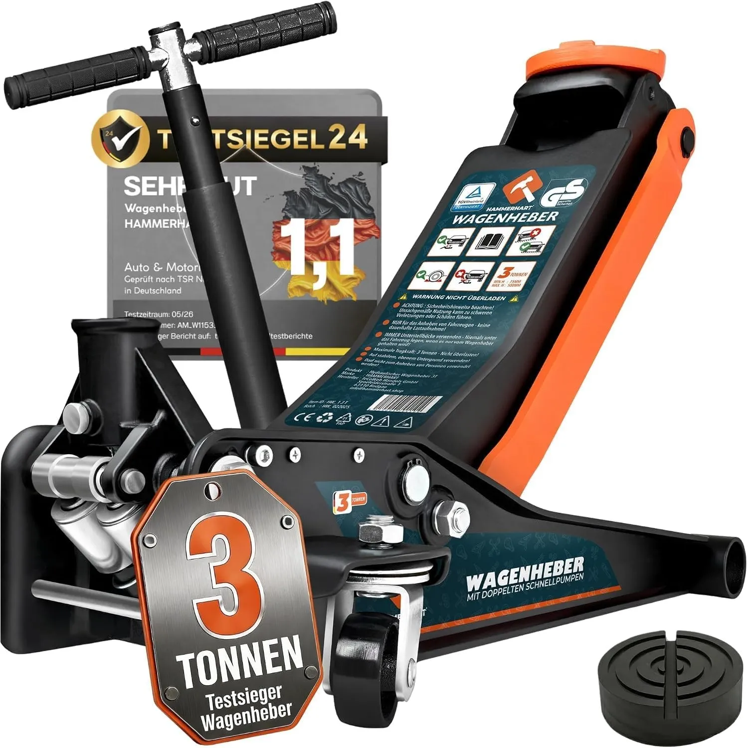 HAMMERHART - Hydraulischer Wagenheber 3T | [Testsieger] Rangierwagenheber mit 75-460mm Hubhöhe | Premium Wagenheber fla…