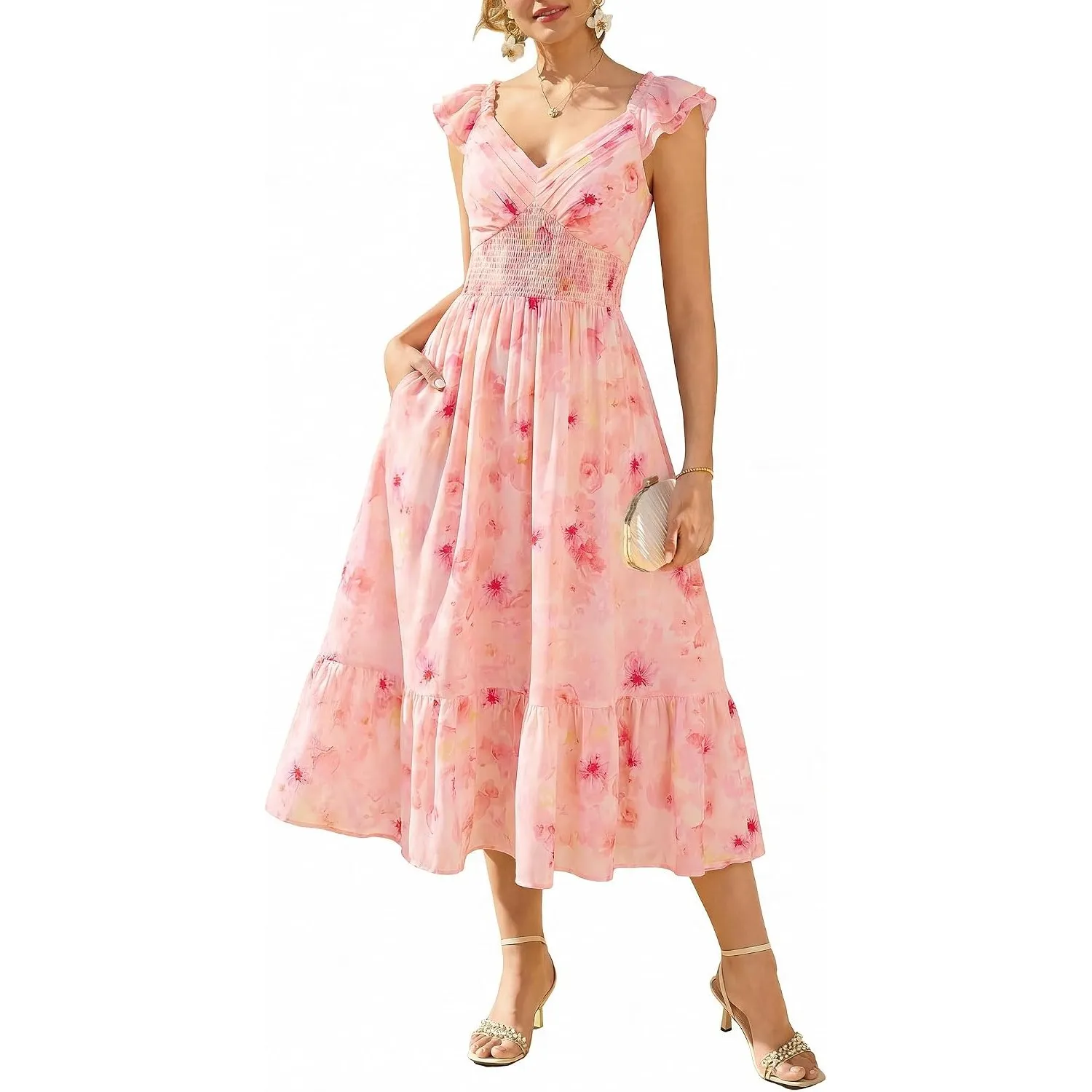GRACE KARIN A-Linien Blumen Kleider Damen mit Tasche Sommerkleid Leicht | Chiffon Kleid·Blumen Maxikleid·Kleid Hochzeit…
