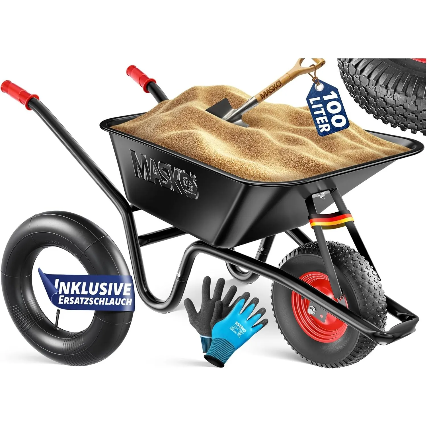 MASKO® Schubkarre Bauschubkarre Gartenschubkarre 100 Liter 250kg Luftreifen mit Stahlfelge + Ersatzschlauch Schubkarren…