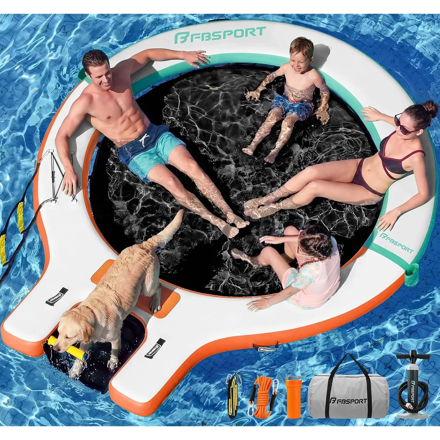Große aufblasbare Badeplattform 240 cm Schwimminsel Sunchill mit Wasserrampe für Hunde, Wasserinsel für 3–5 Personen, S…