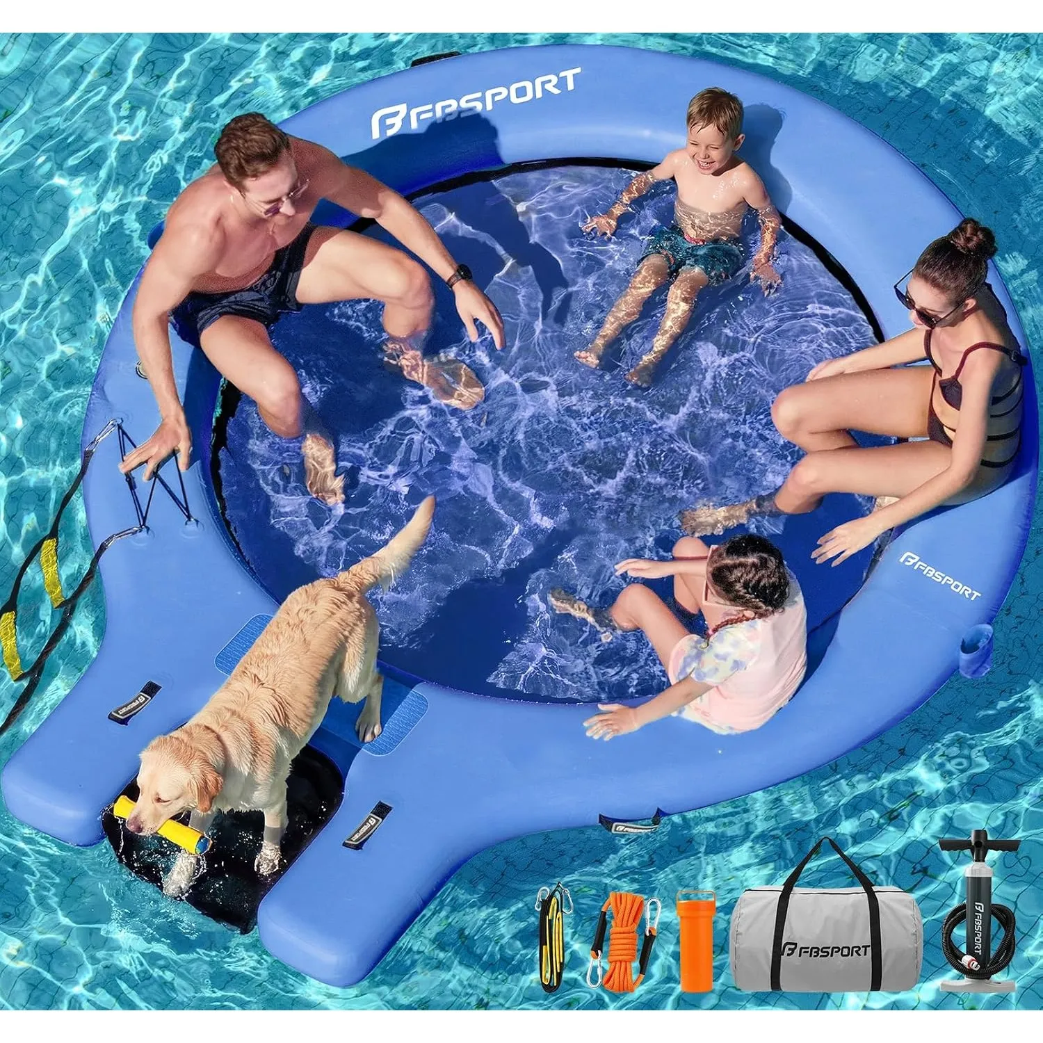 Große aufblasbare Badeplattform 240 cm Schwimminsel Sunchill mit Wasserrampe für Hunde, Wasserinsel für 3–5 Personen, S…