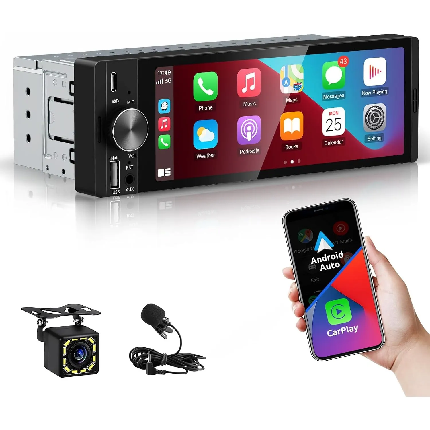 ESSGOO 6.36 Zoll 1 DIN Autoradio mit Wireless Carplay und Android Auto