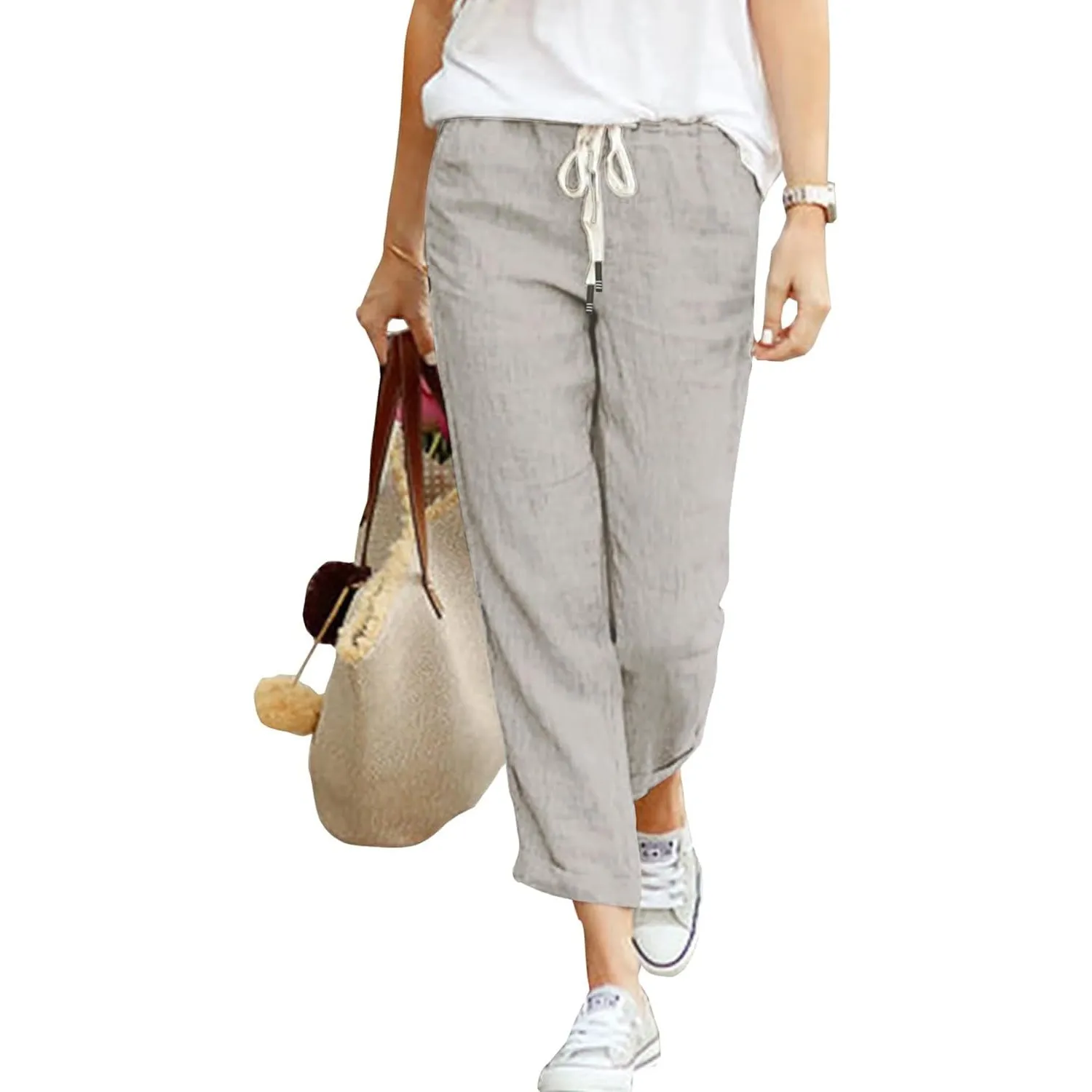 Cegerne Leinenhose Damen Sommerhose Leicht 7/8 Casual Baumwolle Stoffhose Luftige Freizeithose Strandhose Mit Taschen
