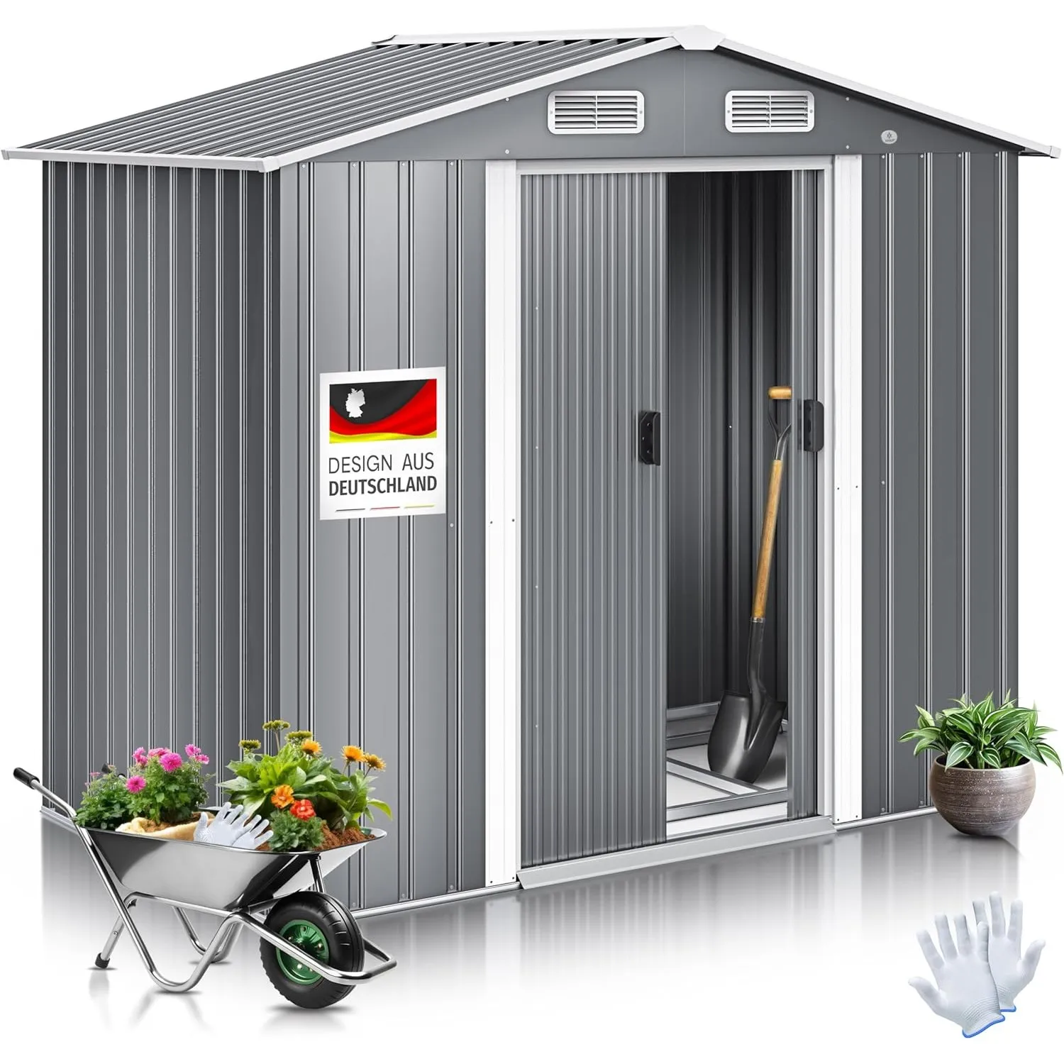 KESSER® XL Metall Gerätehaus 4,2m³ mit Fundament | Inkl. Arbeitshandschuhe | 195x131x186cm | 2X Schiebetür & Fundament …