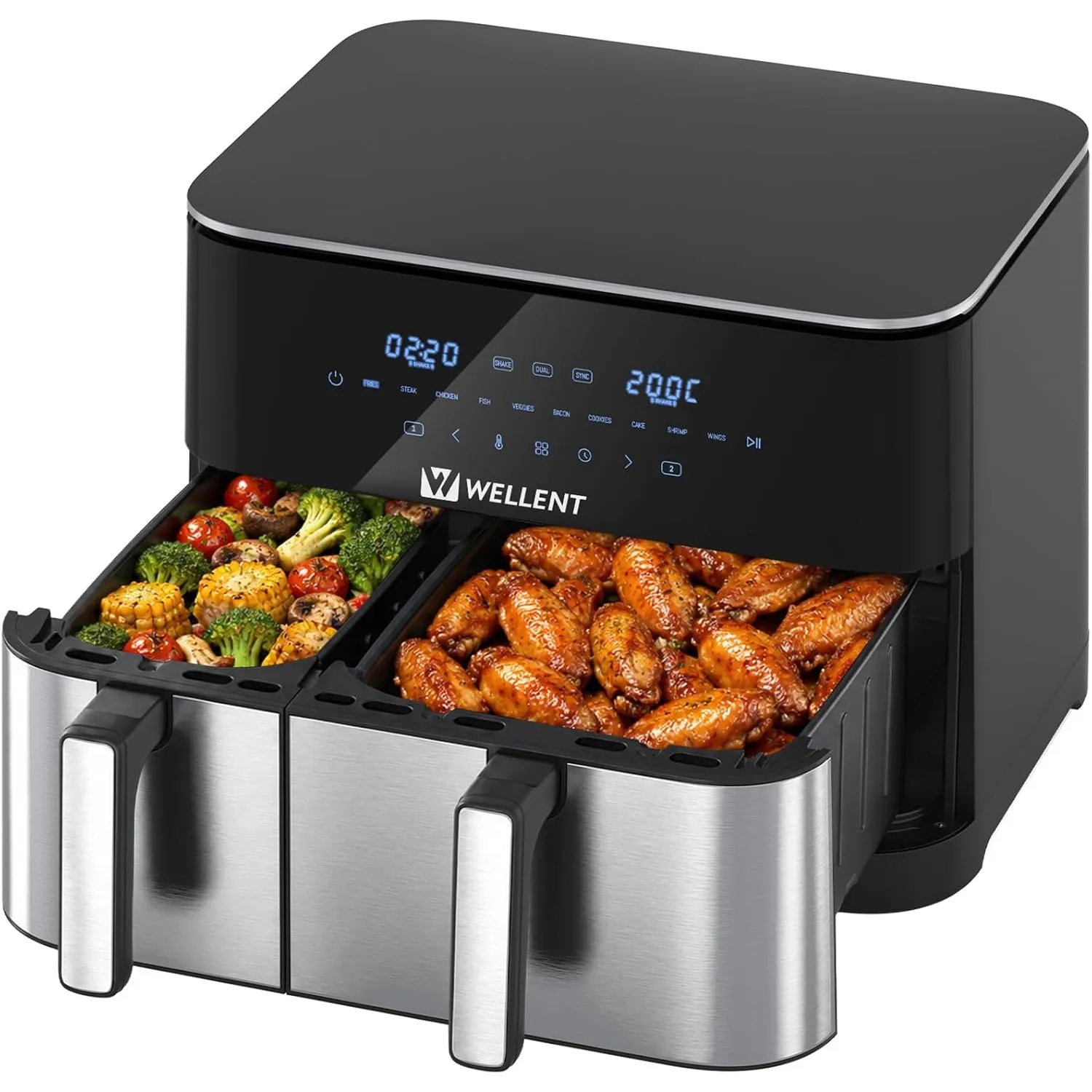 WELLENT XXL Airfryer 2 Kammern 2600W 10-in-1 Heißluftfritteuse Doppelkammer Dual Zone Heissluftfritteuse mit Touchscree…