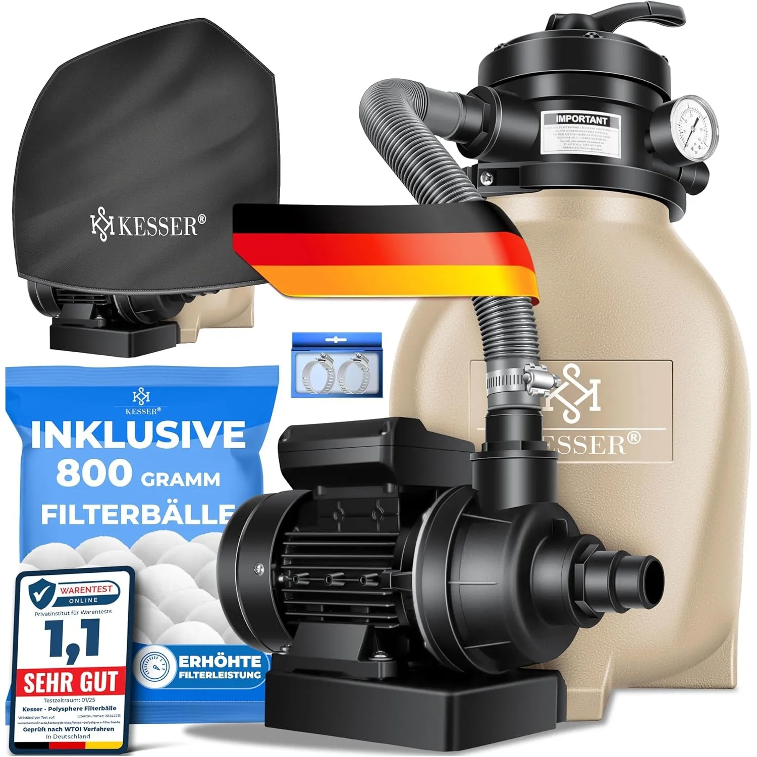KESSER® Sandfilter Sandfilteranlage + 800g Filterbälle ersetzen 25kg Filtersand-Poolfilter 10 m³/h Filteranlage Filterk…