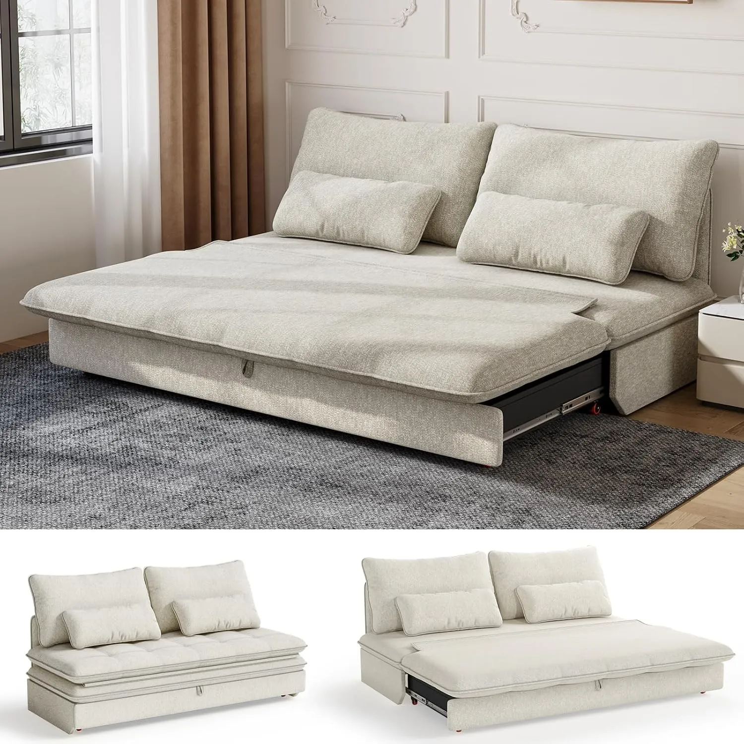 Devoko Sofa mit Schlaffunktion 190 x 157 Ausziehbares Schlafsofa mit Bettkasten Kleine 2 Sitzer Chenille Couch Klappsof…