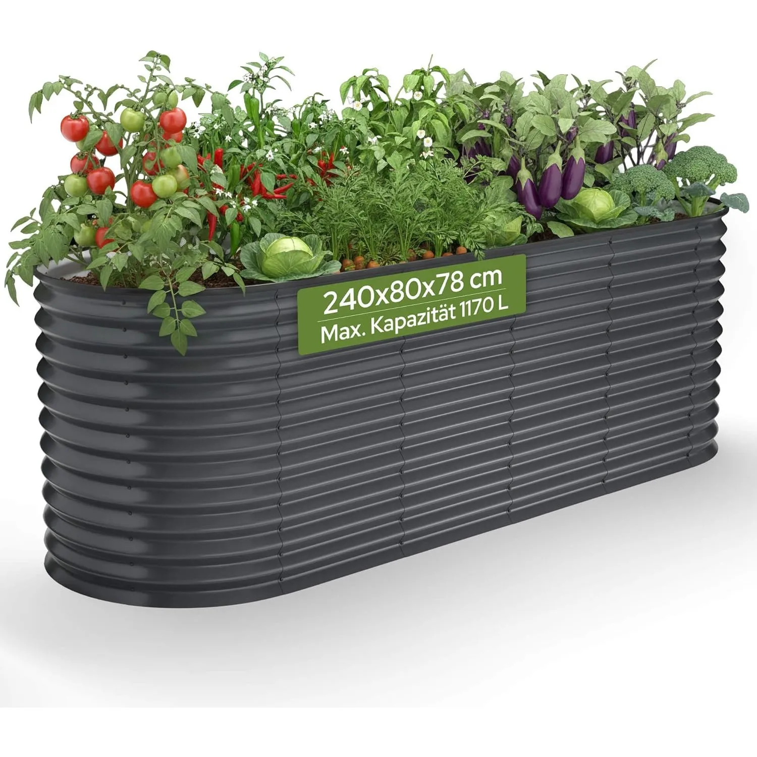 Arebos Hochbeet oval Metall | 240 x 80 x 78 cm | Anthrazit | Frühbeet
