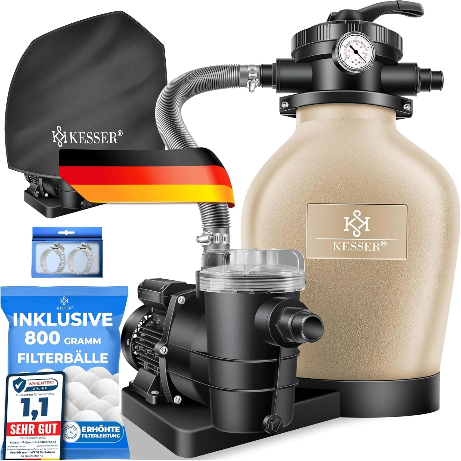 KESSER® Sandfilteranlage Sandfilter + 800g Filterbälle ersetzen 25kg Filtersand 7-Wege Ventil mit Druckanzeige Poolfilt…