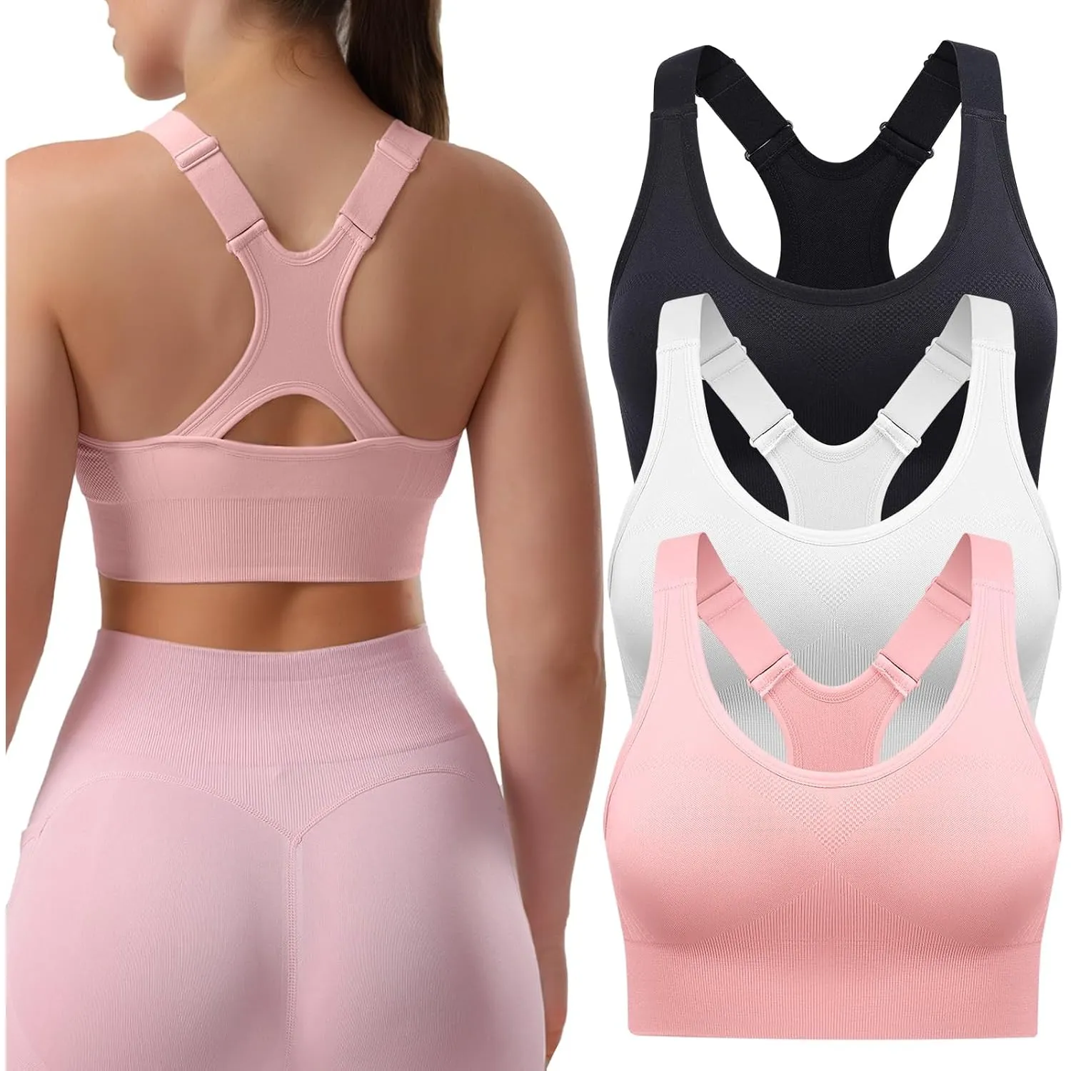 Sport-BHS für Damen im 1/3er-Pack, Racerback, Hoher Halt, Verstellbare Träger – Gepolsterte, Nahtlose Yoga-BHS fürfür F…