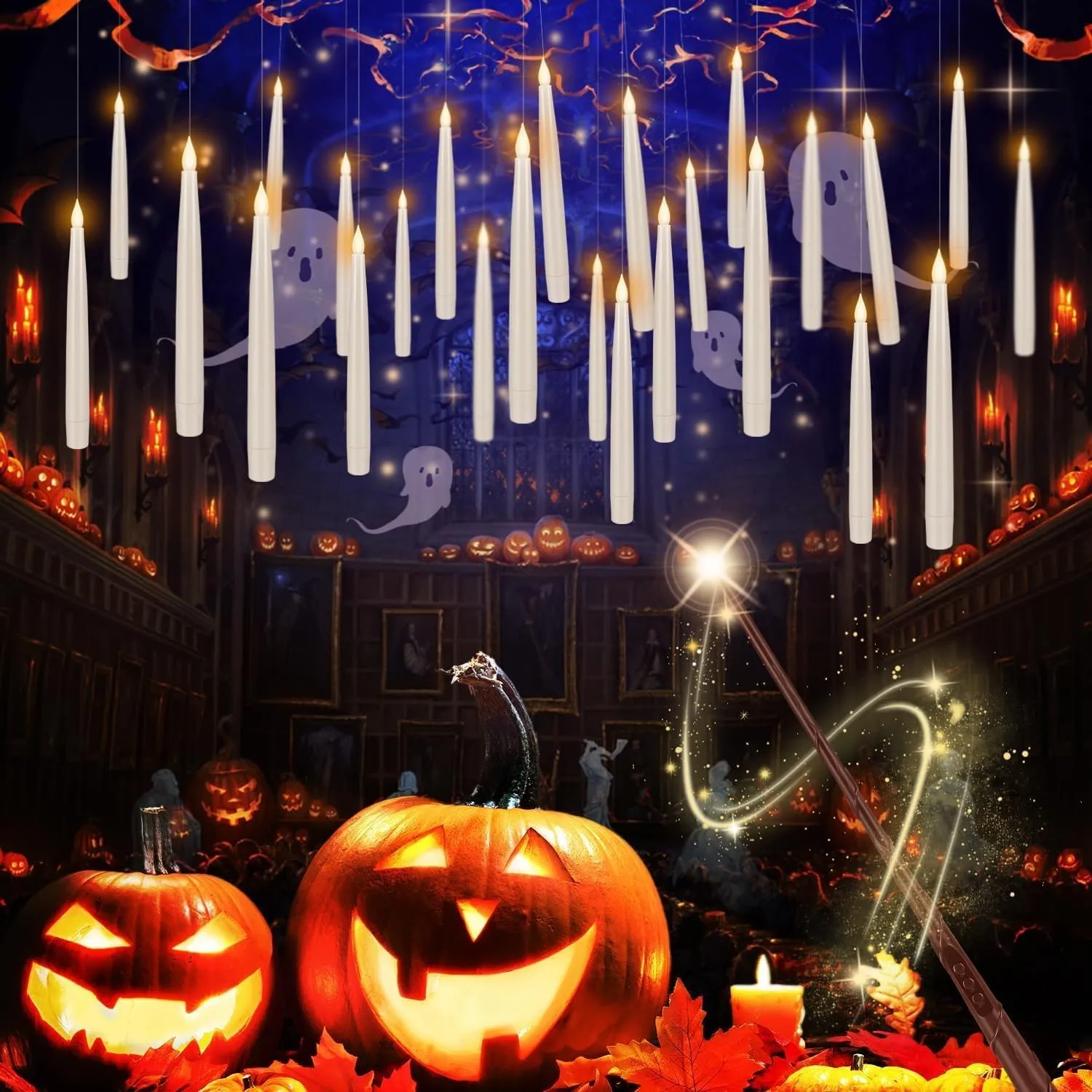 LIVEN 24 Stück Halloween LED Magic Hanging Floating Candles, Taper Flickering Flammenlos mit 2 Zauberstäben - Kerzen-Se…