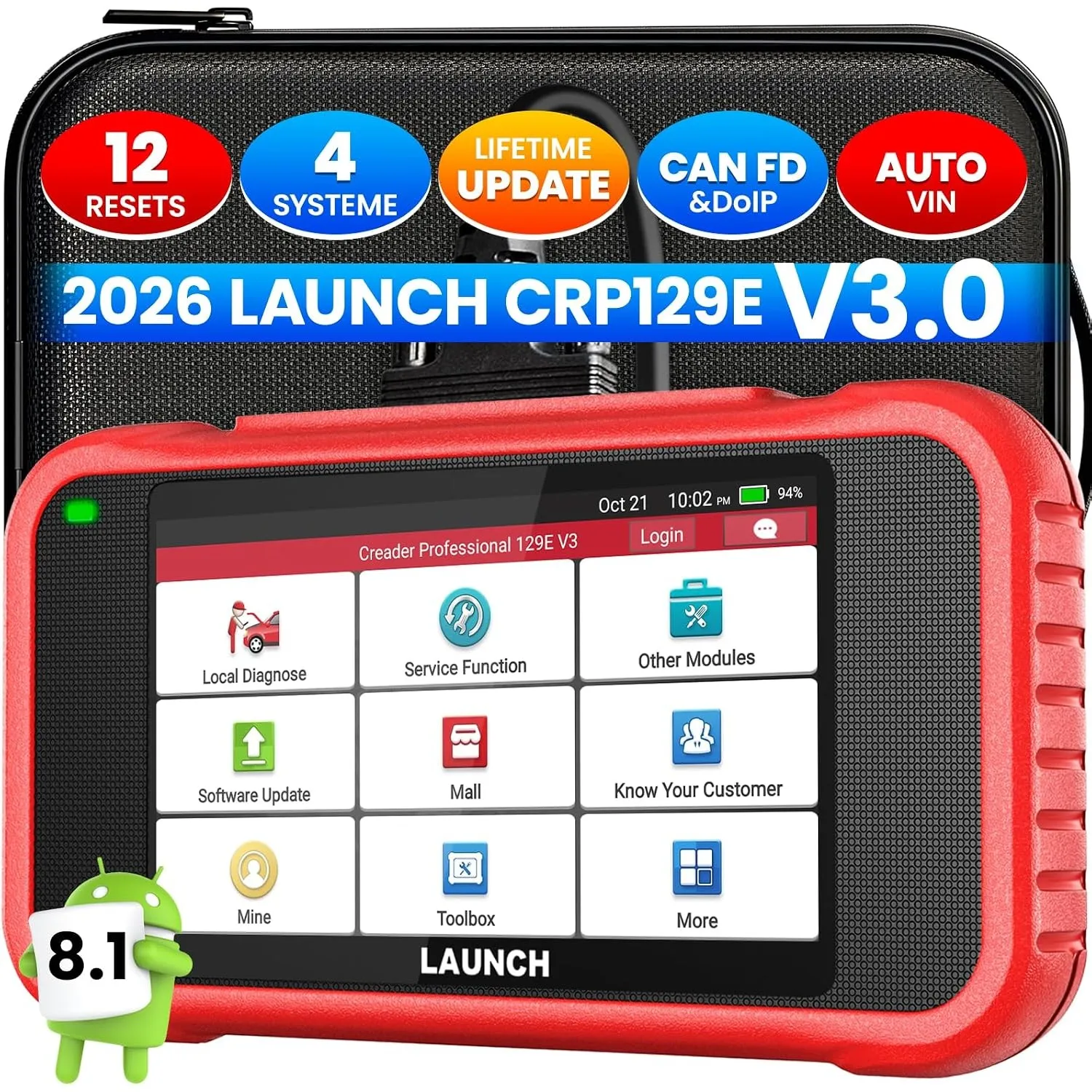 LAUNCH CRP129E V3.0 OBD2 Diagnosegerät Auto,Kfz Tester–4 Systeme: Motor, ABS,SRS, Getriebe, Diagnosegerät mit 12 Reset:…