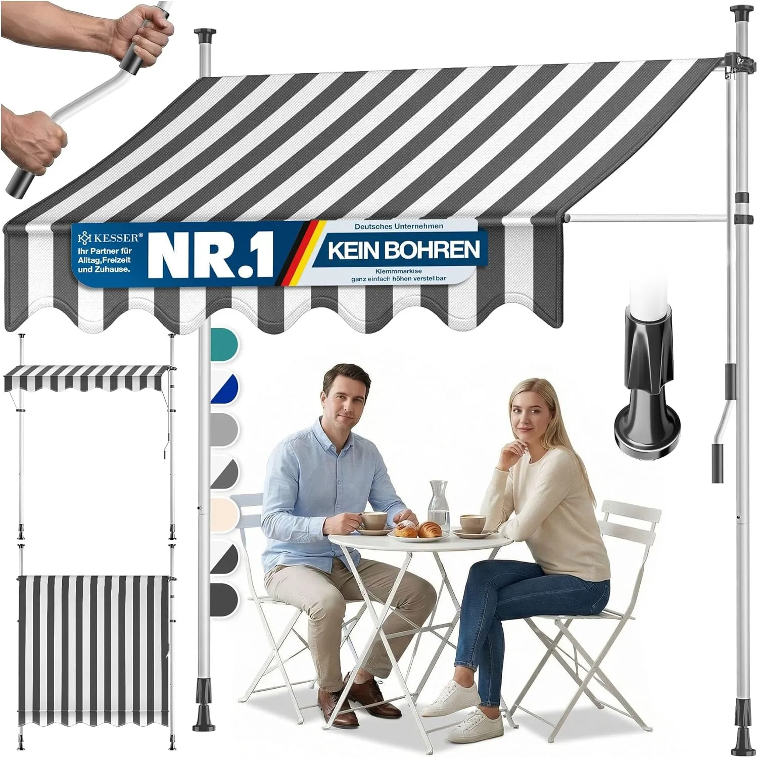 KESSER® Klemmmarkise mit Handkurbel Balkon | Balkonmarkise ohne Bohren | Markise UV-beständig höhenverstellbar & wasser…