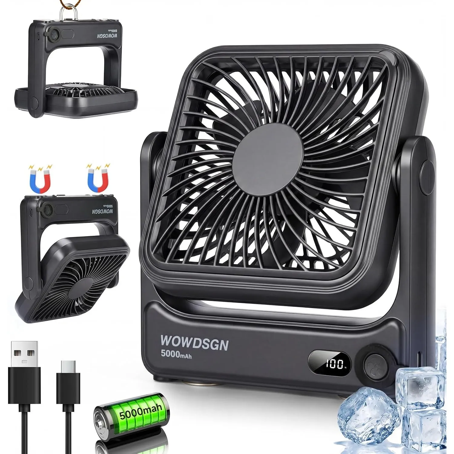 WOWDSGN Tischventilator USB 𝐦𝐢𝐭 𝐒𝐭𝐚𝐫𝐤𝐞𝐦 𝐌𝐚𝐠𝐧𝐞𝐭𝐟𝐮ß & LED-Display, 𝟓𝟎𝟎𝟎𝐦𝐀𝐡 𝐀𝐤𝐤𝐮 Ventilator tragbar, 𝟒-𝐒𝐭𝐮𝐟𝐞𝐧, für Camping…