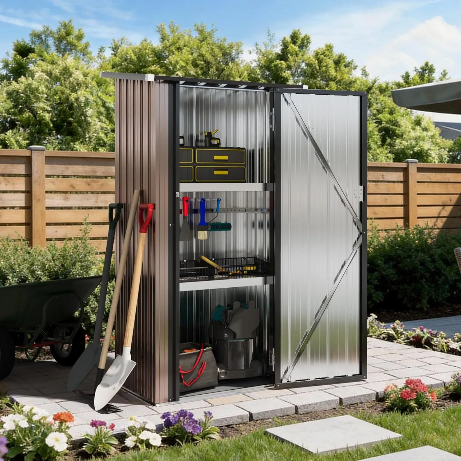 Aoxun 3'x2' Metall-Gerätehaus mit 2 verstellbaren Regalböden, Kleiner abschließbarer Werkzeugschrank für Garten, Terras…