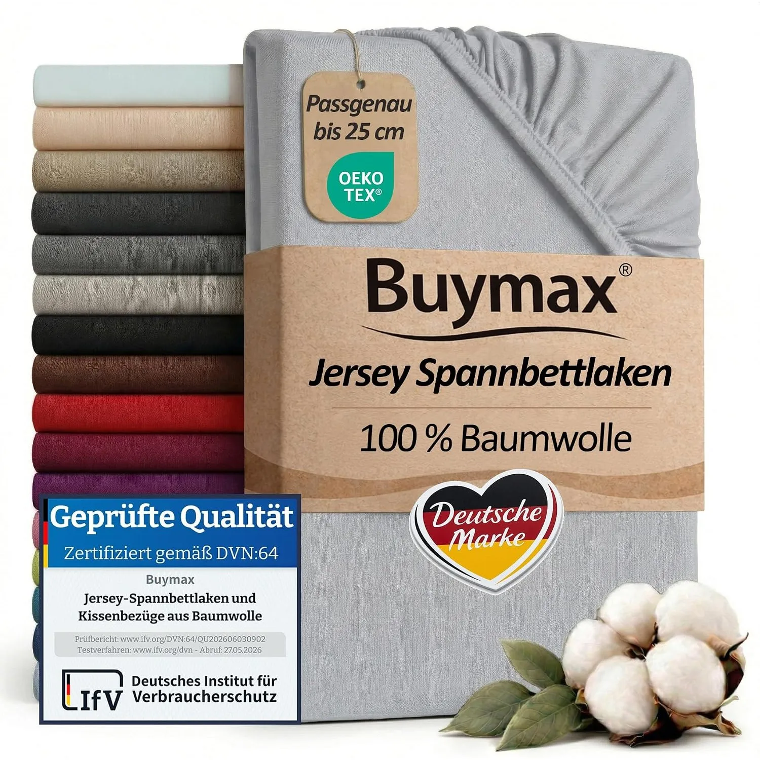 Buymax Spannbettlaken 180x200cm Baumwolle 100% Spannbetttuch Bettlaken Jersey, Matratzenhöhe bis 25 cm, Farbe Silber