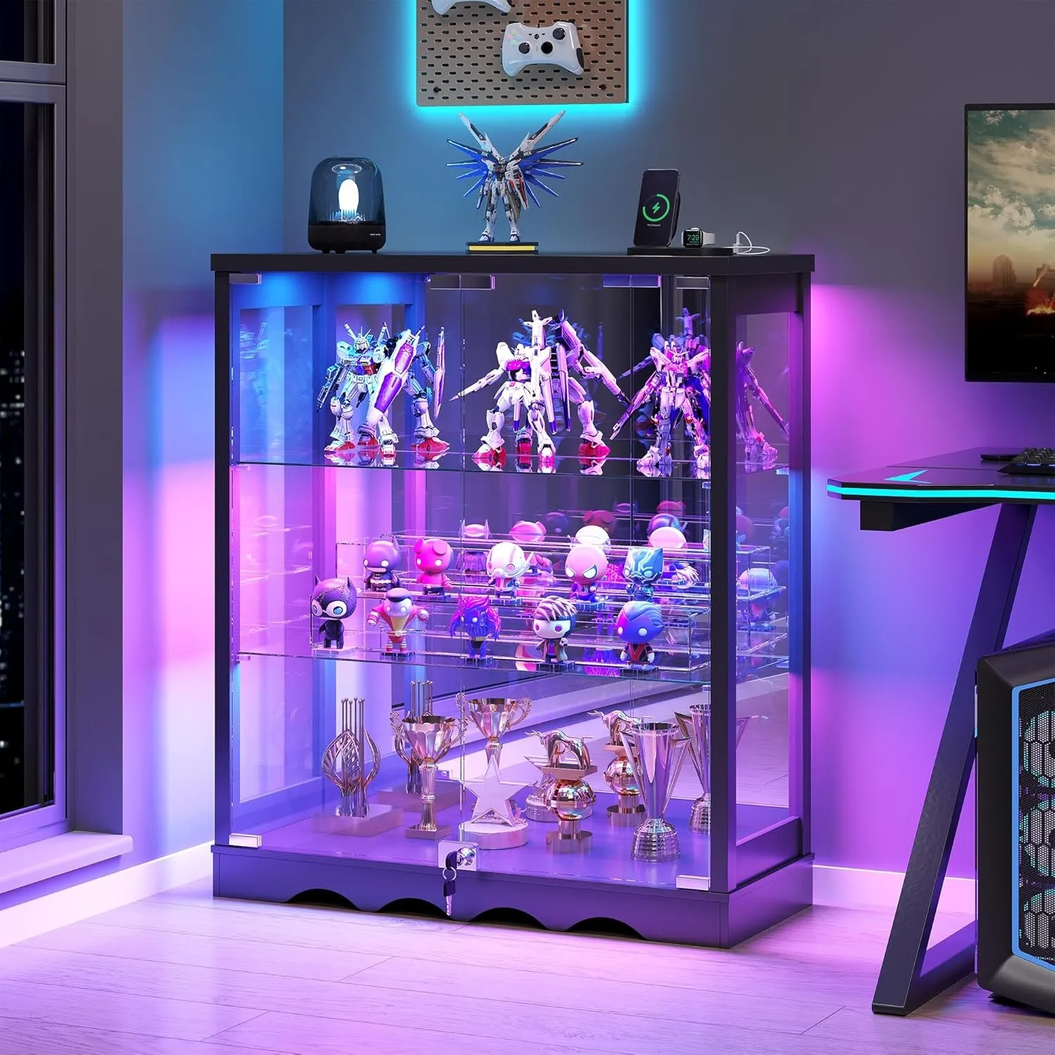 TAGELIER Glasvitrine mit LED-Beleuchtung & Verstellbaren Regalen | 3 Ebenen, Verstellbare Regale, Abschließbar, Glastür…