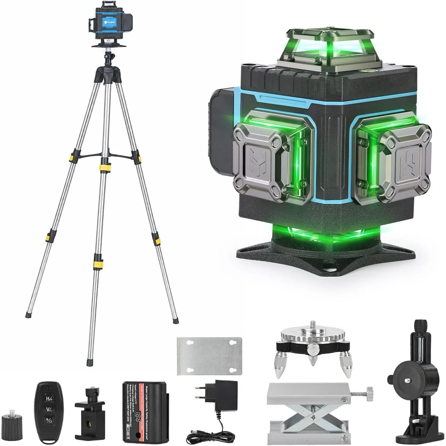 Kreuzlinienlaser mit Stativ, 4 x 360 ° Grün Laser Wasserwaage Selbstnivellierend 4D 16 Linienlaser für Baustelle Kreuzl…