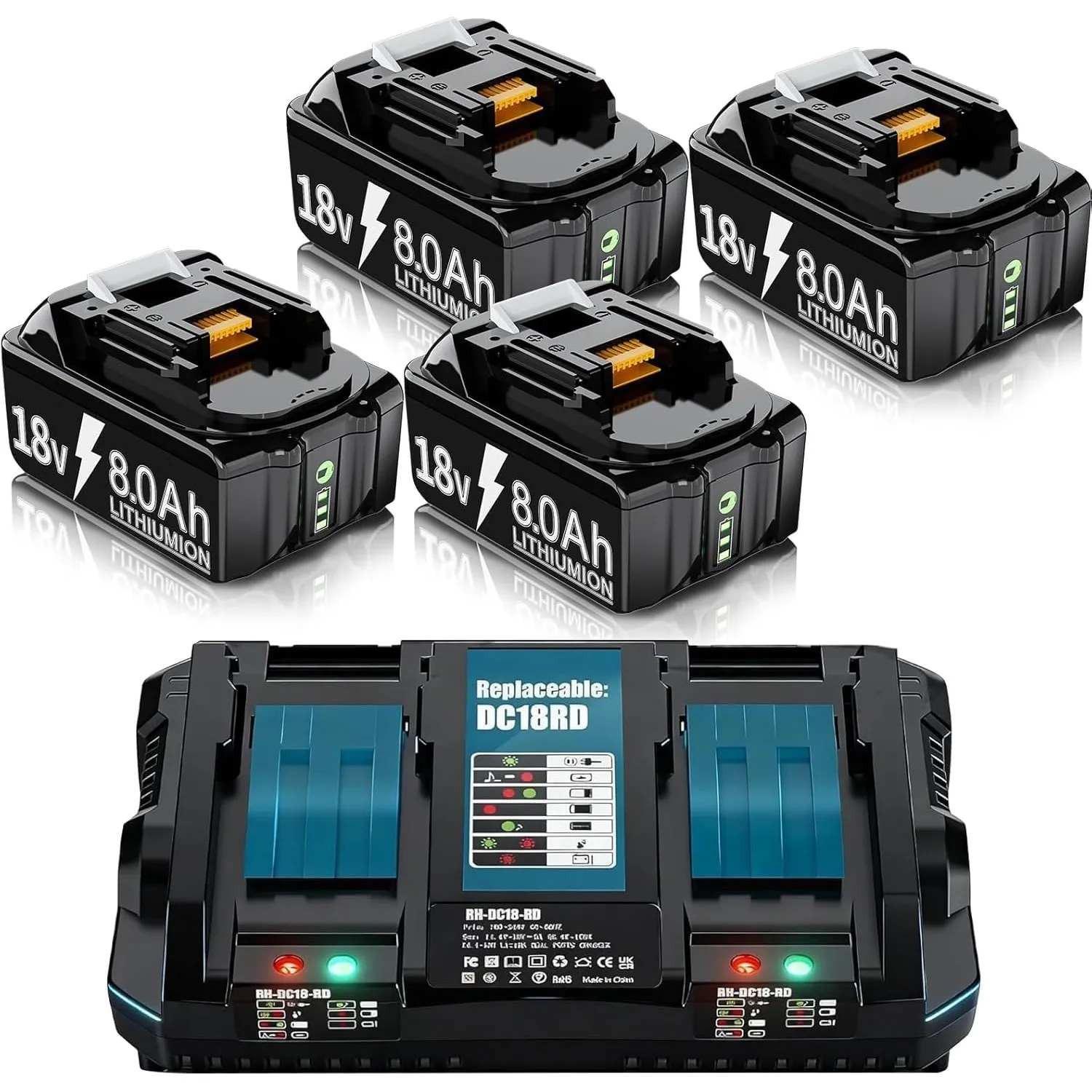 4X 18V 8.0Ah Ersatzakku für makita akku + Dual Port 6A Ladegerät BL1860B BL1850B BL1840 BL1830 BL1835 BL1845 194205-L18…