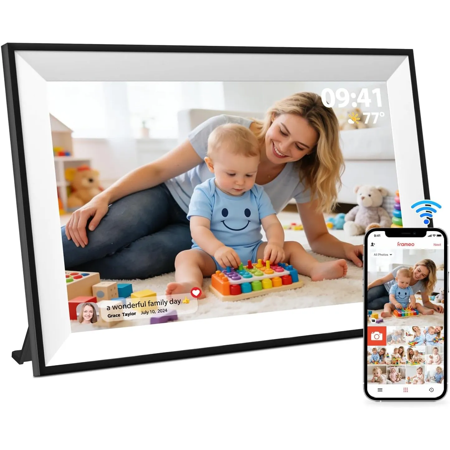 Frameo Digitaler Bilderrahmen WLAN 10,1 Zoll, 1280x800 HD IPS Touchscreen, 32GB Foto Rahmen, Automatische Drehung, Wand…