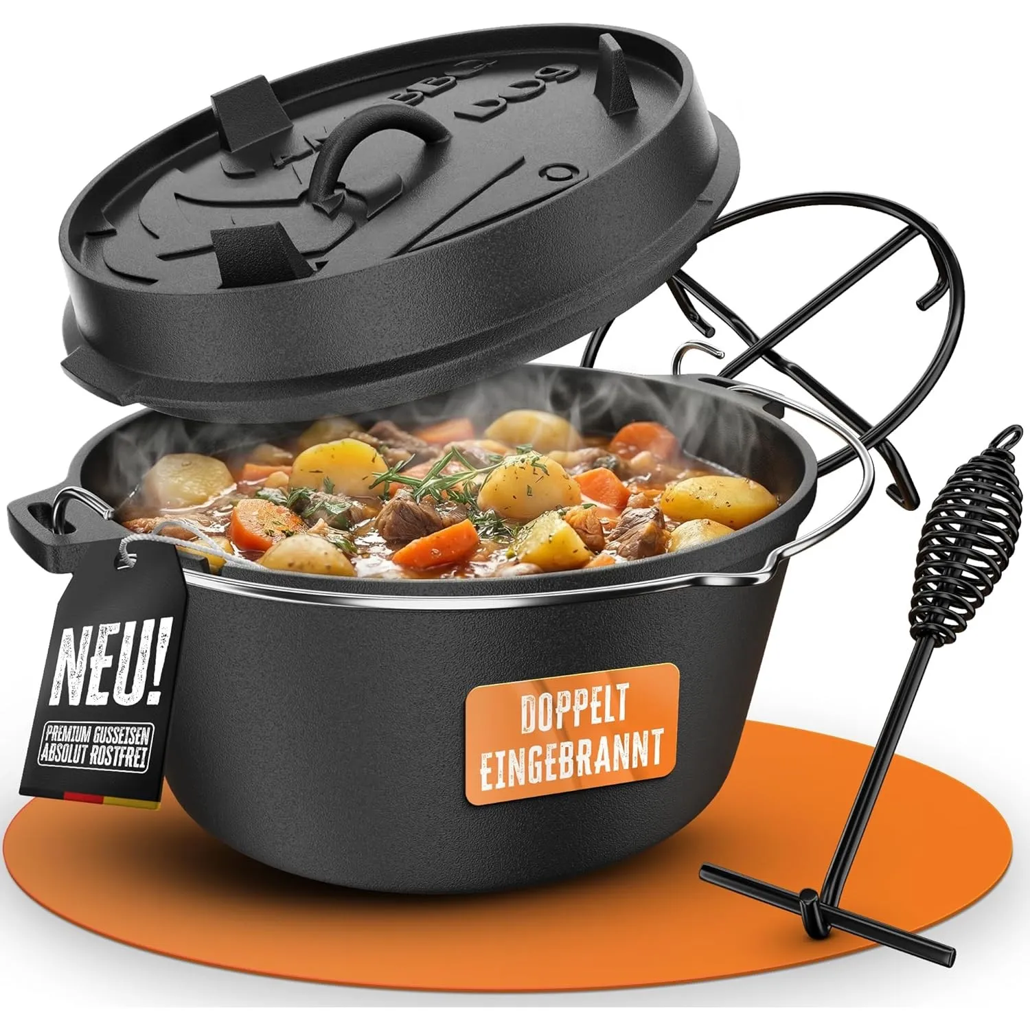 AMZBBQ® Premium Dutch Oven – Doppelt Eingebrannter Gusseisen Feuertopf – Rostbeständiger Schmortopf für Grill, Backofen…