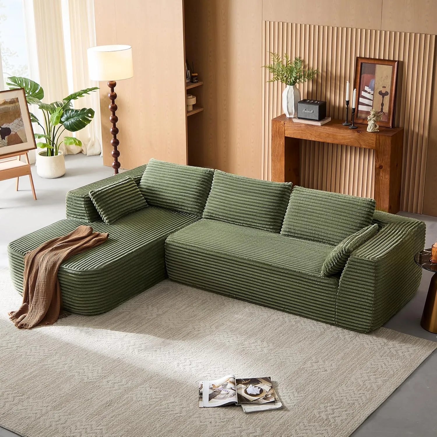 LINSY HOME Corner Sofa with Sleep Function - 270 cm Corduroy Modular Sofa Bed, L Shape Couch, Sofa 3-Seater with Ottoma…