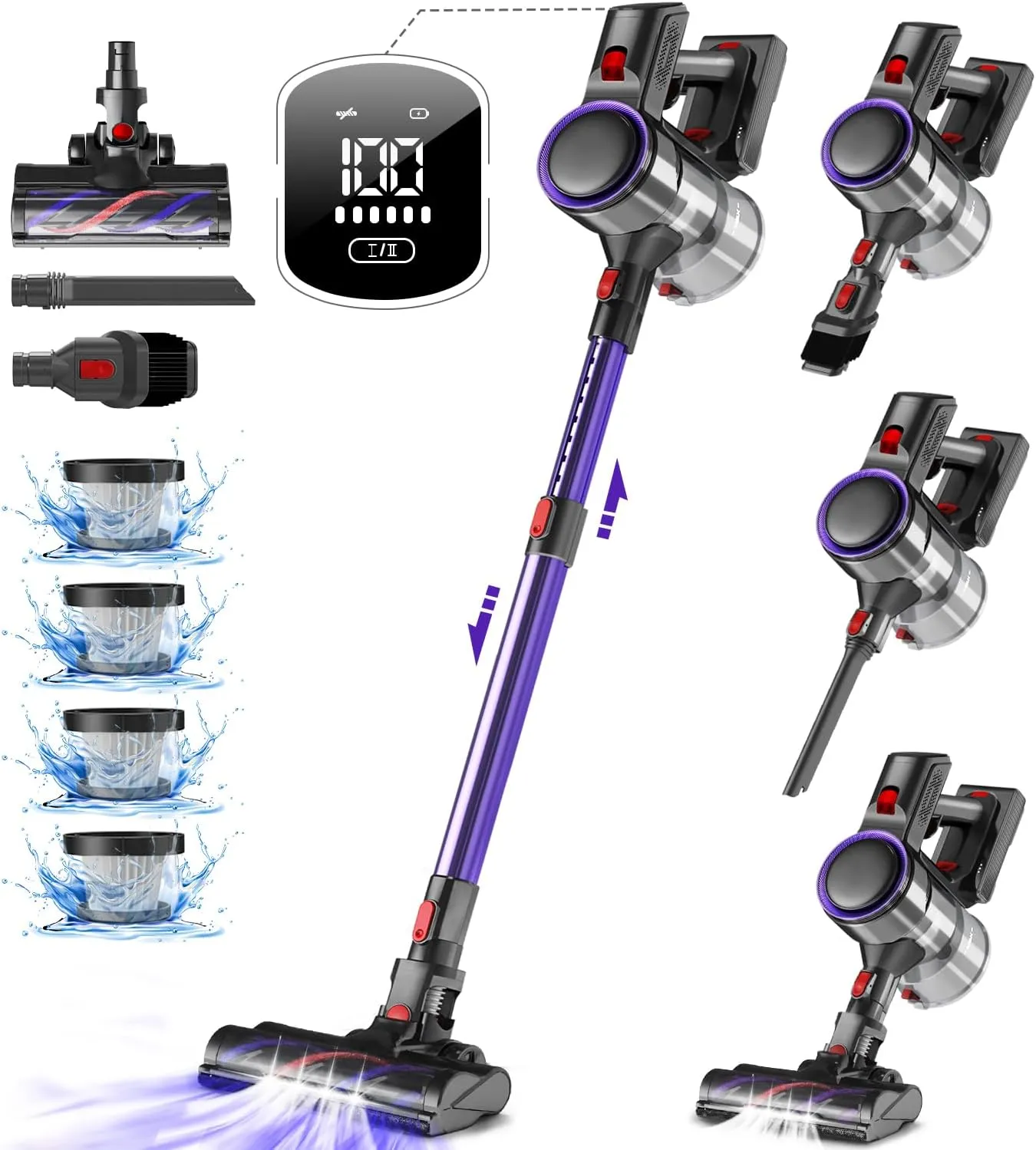Akku Staubsauger Kabellos, 45000Pa Kabelloser Staubsauger mit Touchscreen, 50Mins, 1.6L, H13 HEPA, Anti-Tangle-Bürste, …