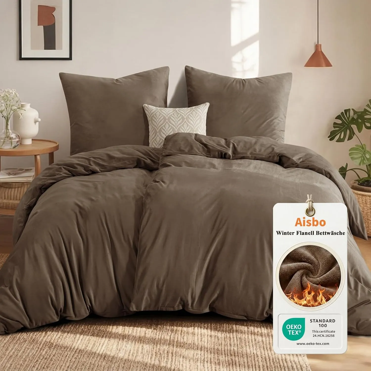 Aisbo Winter Plüsch Bettwäsche 135x200 4teilig Braun - Flanell Flauschige Warme Bettbezug 2er Set und 2 Kissenbezüge 80…